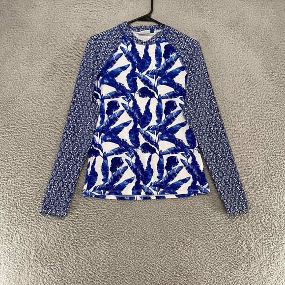 Cabana Life Other - Cabana Life Rash Guard Swim Shirt Womens Medium Blue Leaf Long Sleeve Tropical